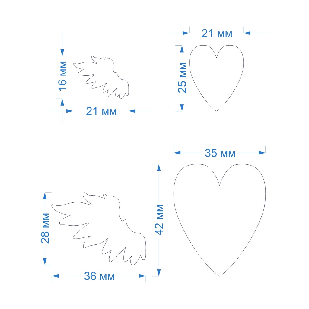 Каттеры (вырубка) для полимерной глины, пластики Сердце и крылья ангела, 6 штук