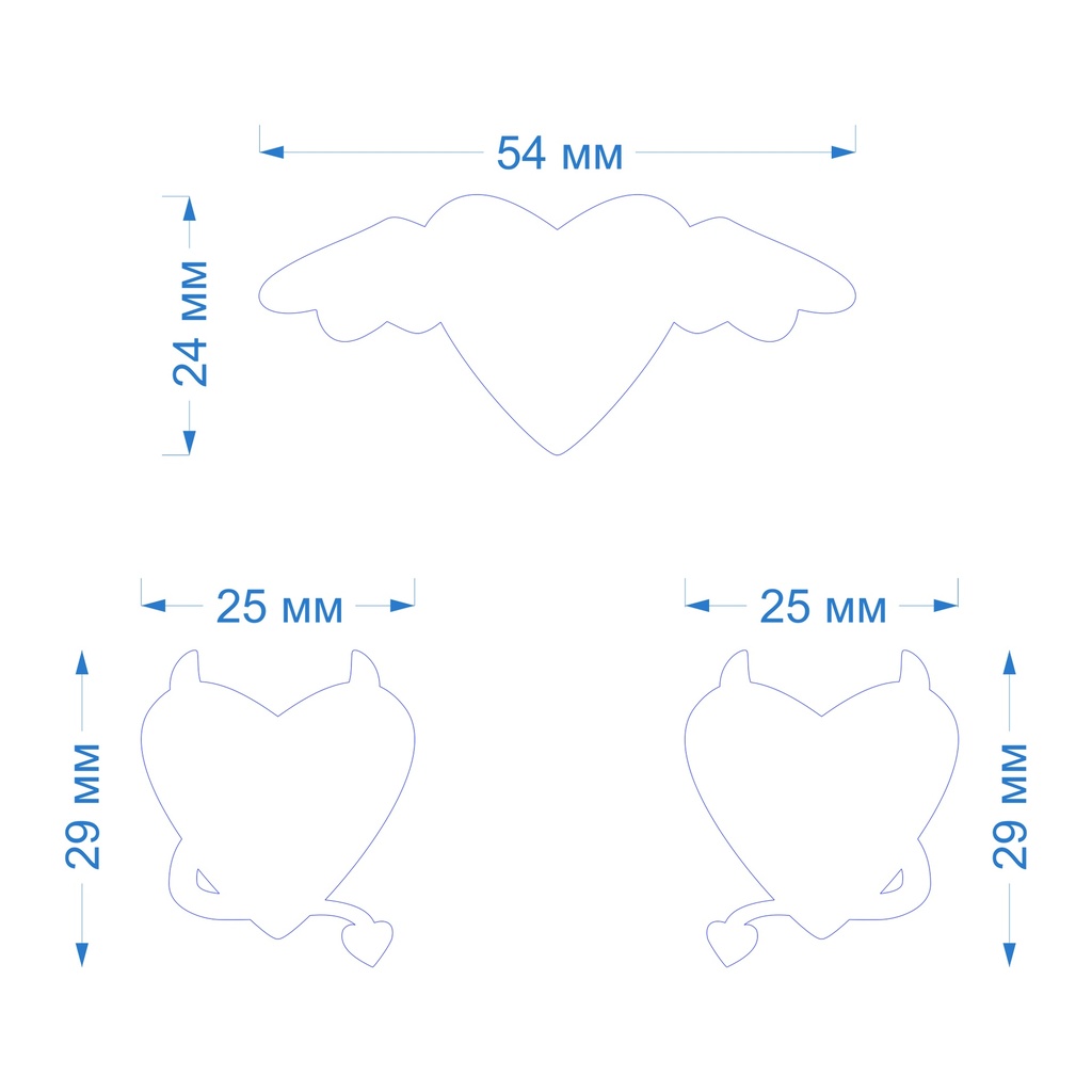 Каттеры (вырубка) для полимерной глины, пластики Сердце с крыльями и сердуе с рожками, ангел и чертенок, 3 штуки