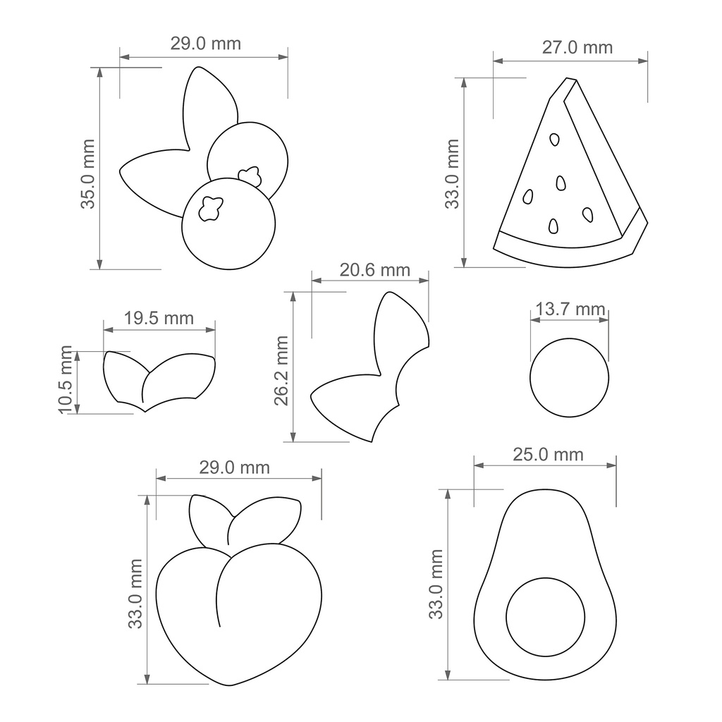 Каттеры (вырубка) для полимерной глины, пластики, для украшений, сережек, бижутерии Ягодки, фрукты, ломтик арбуза