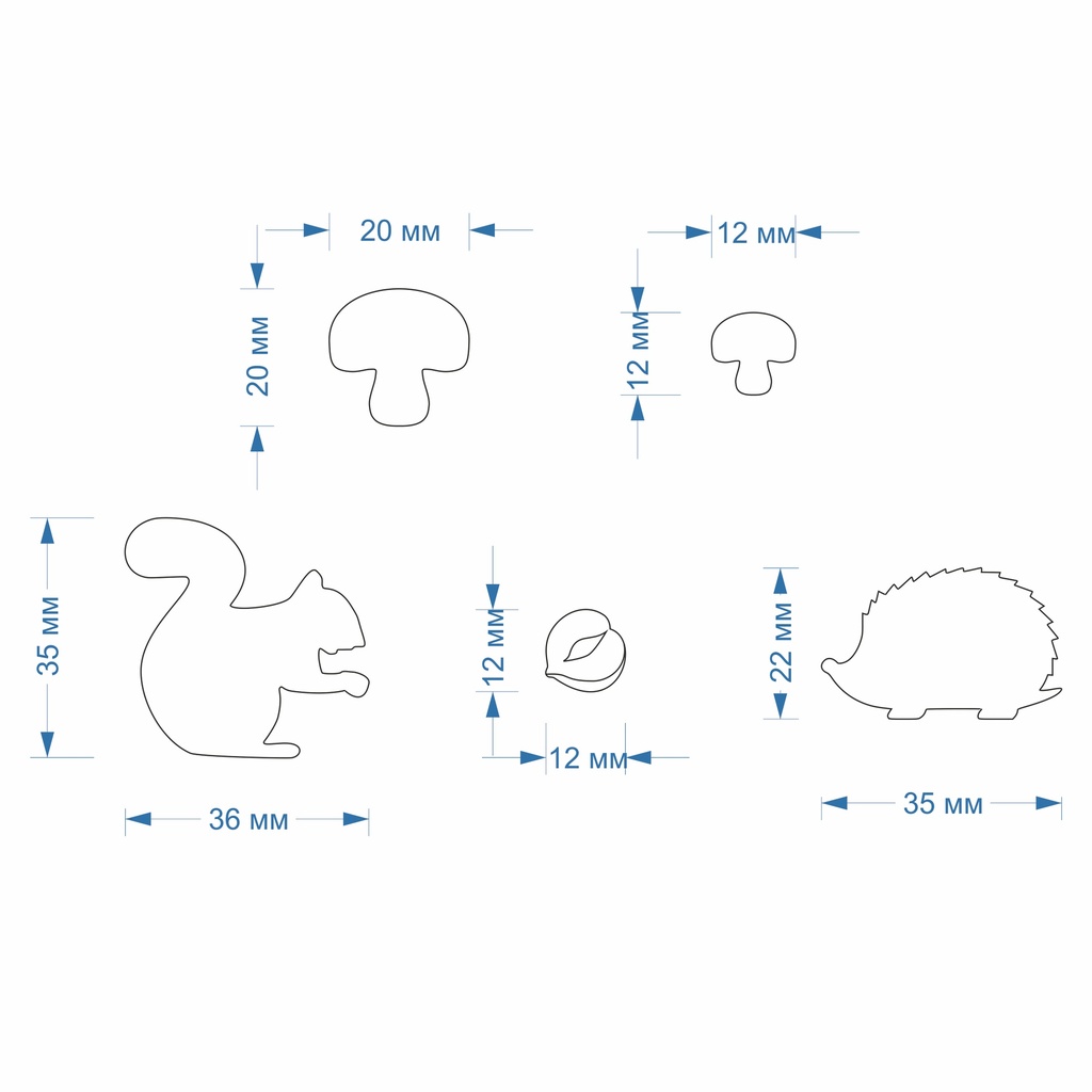 Каттеры (вырубка) для полимерной глины, пластики Белка, гриб, орех и ежик