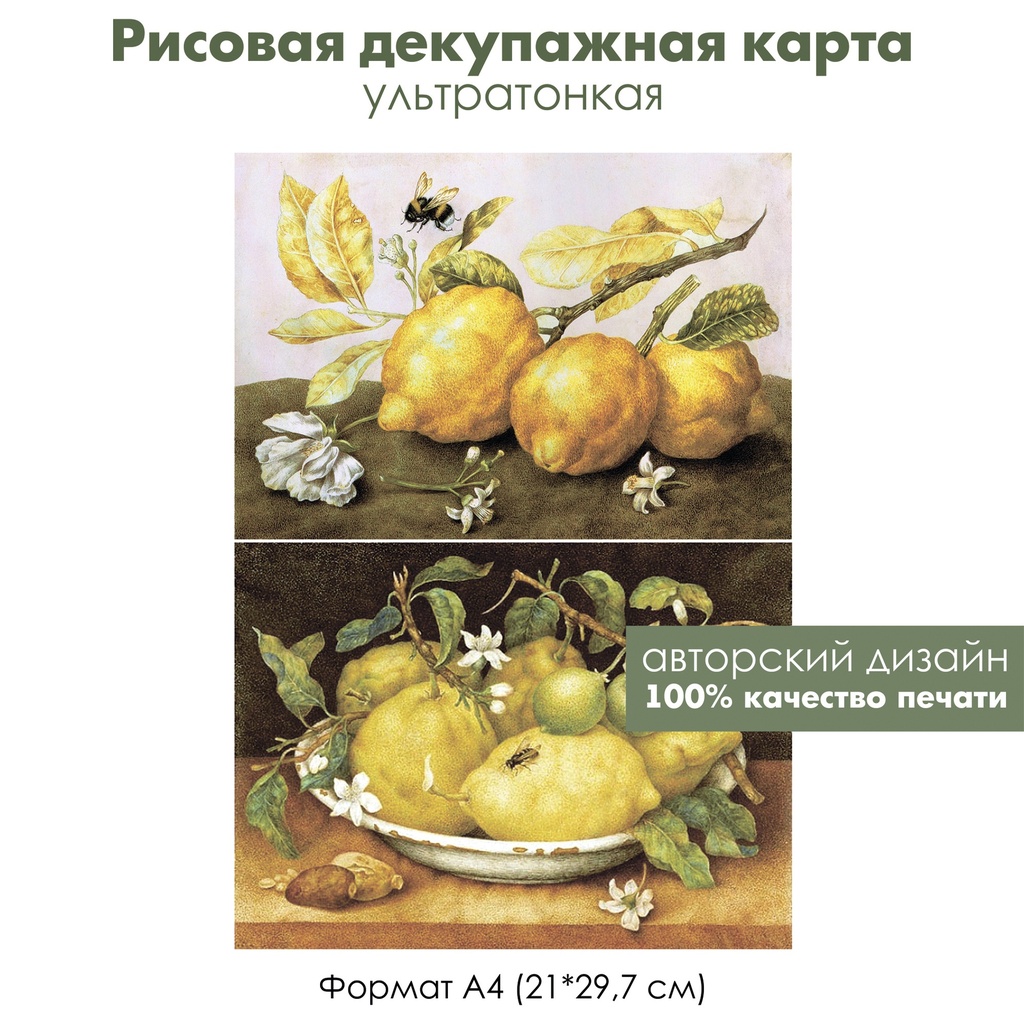 Декупажная рисовая карта Лимоны, натюрморт с лимонами, формат А4