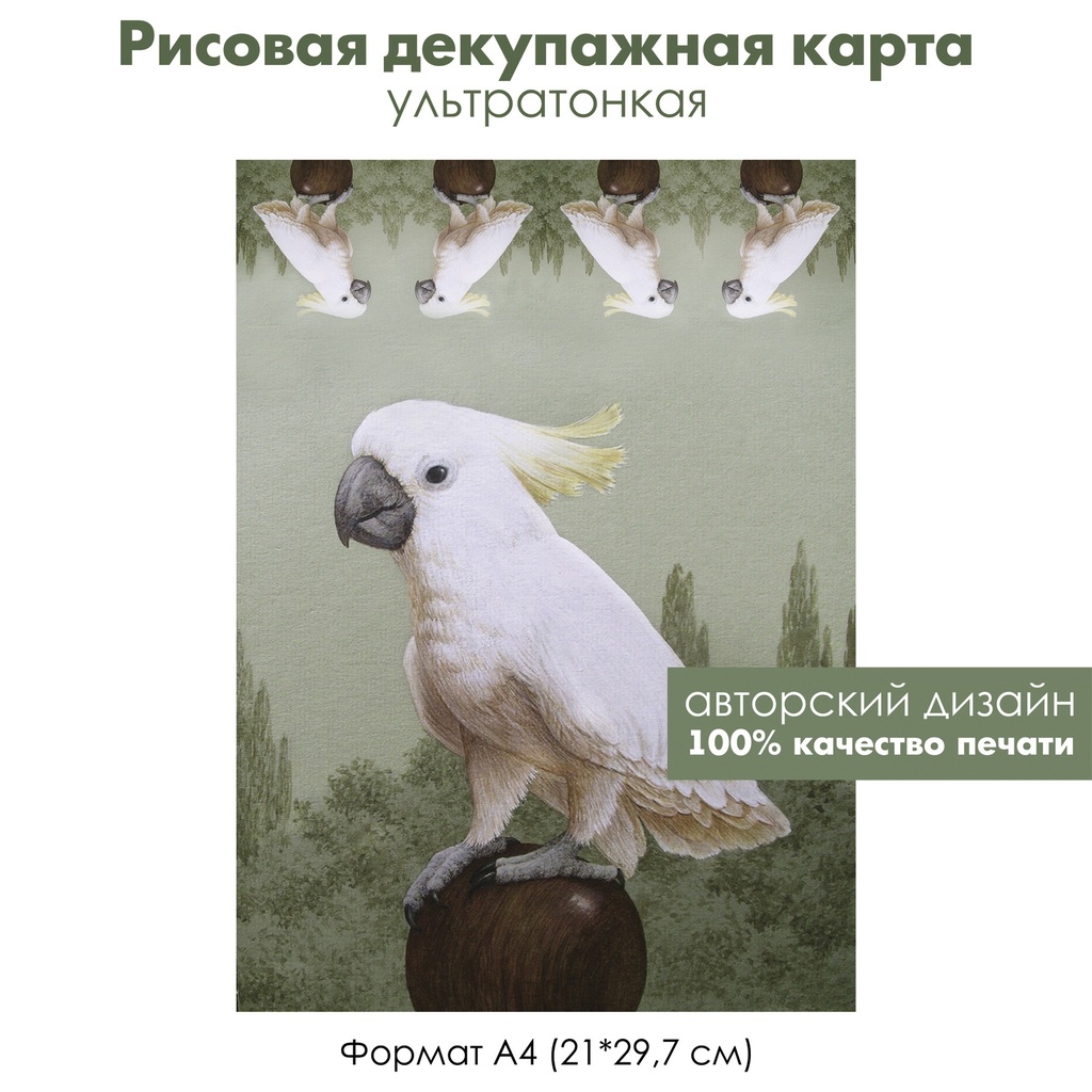 Декупажная рисовая карта Белый попугай, какаду на фоне деревьев, формат А4