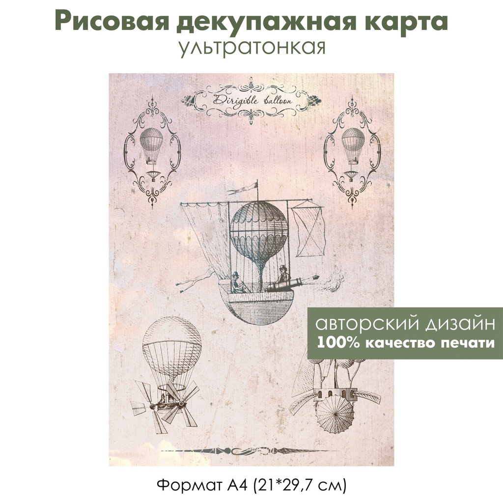 Декупажная рисовая карта Воздушные шары, дирижабли и воздухоплаватели, ретро картинки, формат А4