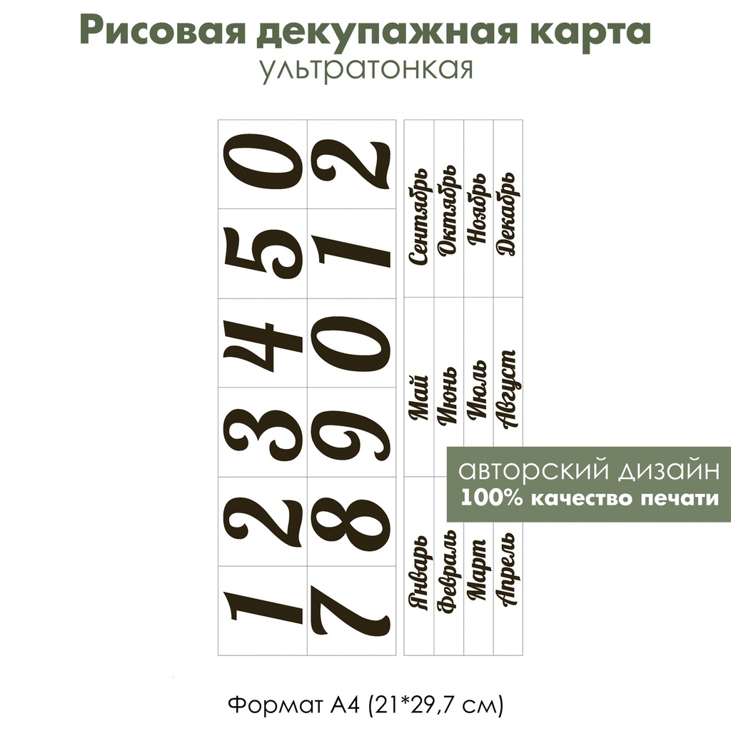 Декупажная рисовая карта Для вечного календаря, цифры, месяцы и дни недели, формат А4