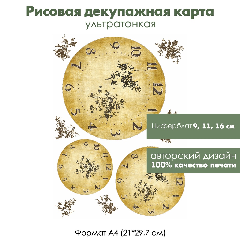 Декупажная рисовая карта Винтажные циферблаты, формат А4