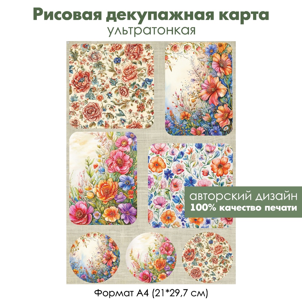 Декупажная рисовая карта Цветы, формат А4