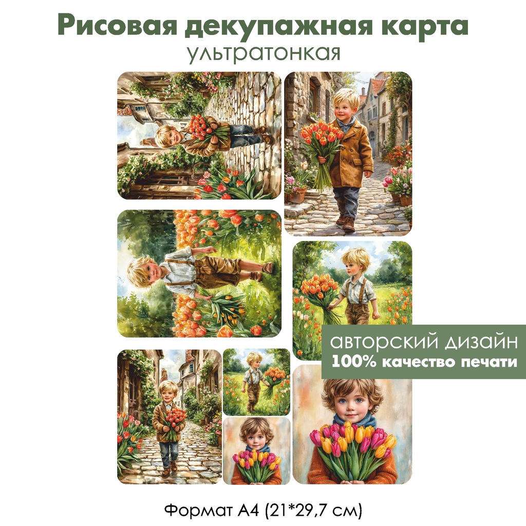 Декупажная рисовая карта Маленький мальчик с тюльпанами, формат А4