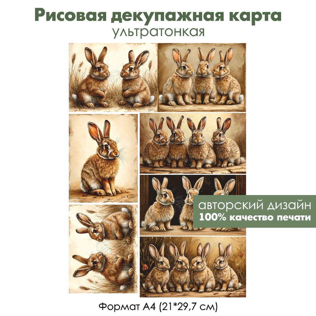 Декупажная рисовая карта Винтажные картинки с зайцами, формат А4