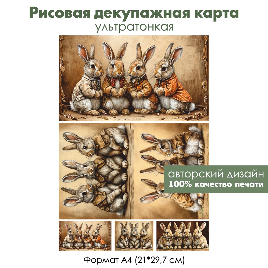 Декупажная рисовая карта Винтажные кролики, формат А4