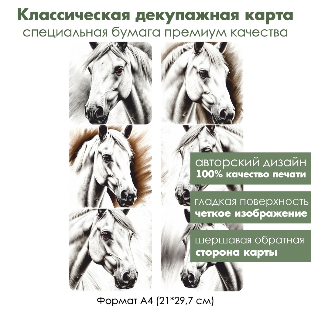 Классическая декупажная карта на бумаге премиум класса Белая лошадь, формат А4