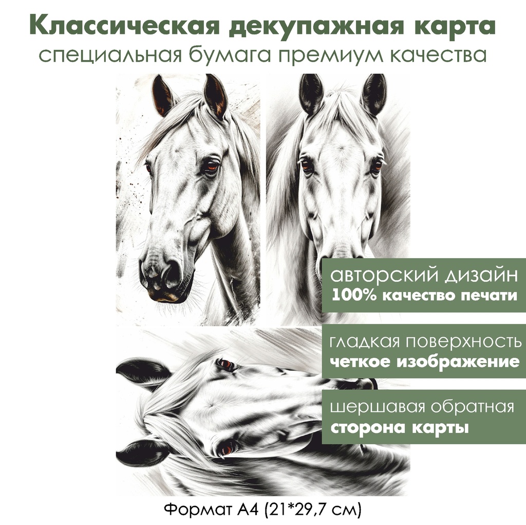 Классическая декупажная карта на бумаге премиум класса Белая лошадь, формат А4