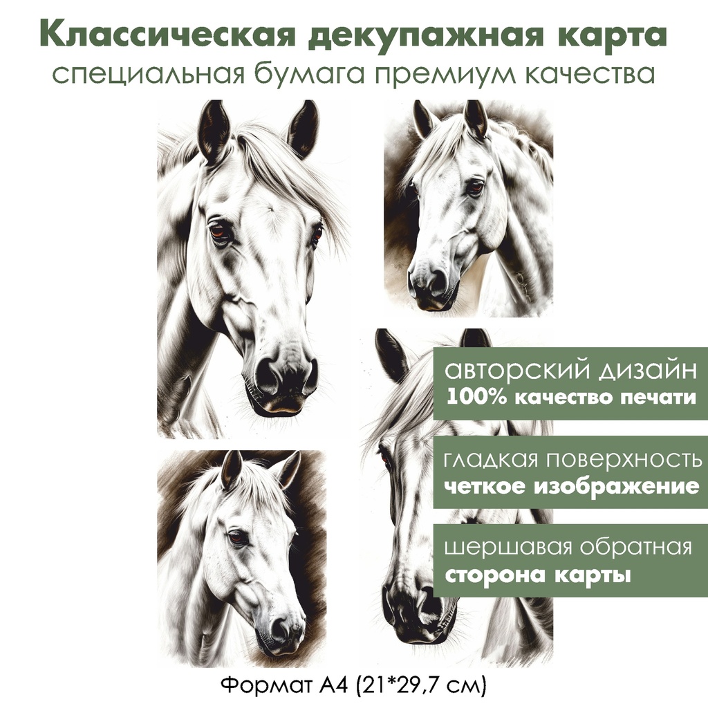 Классическая декупажная карта на бумаге премиум класса Белая лошадь, формат А4