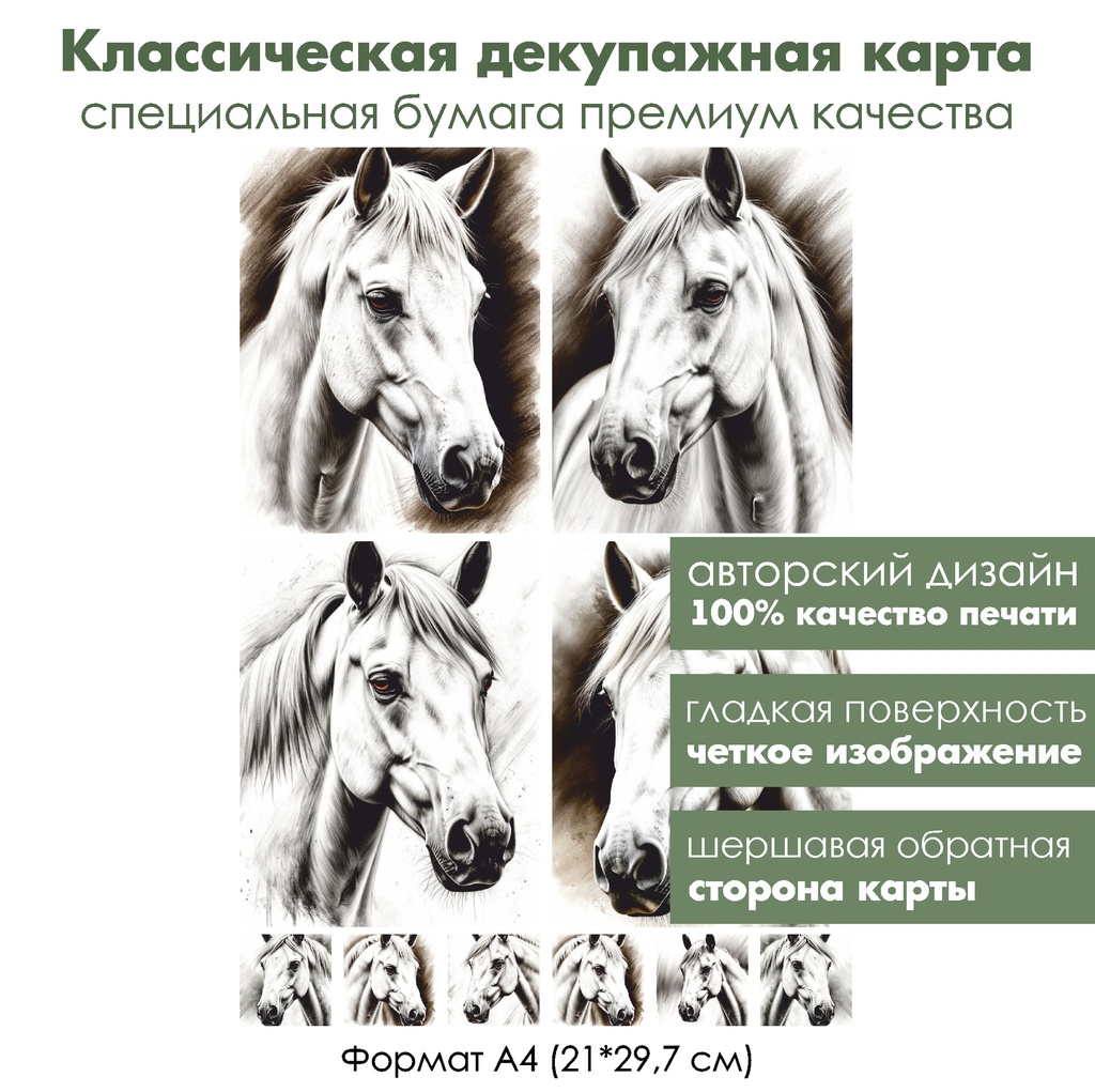 Классическая декупажная карта на бумаге премиум класса Белая лошадь, формат А4
