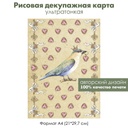 Декупажная рисовая карта Птица в короне с сердцем, рубиновые сердца, винтажные ключи, ретро, свадьба, формат А4