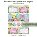 Декупажная рисовая карта Теги, карточки с цветами и надписями, формат А4