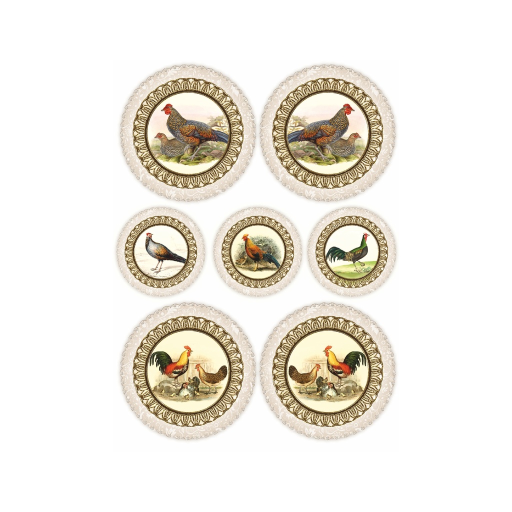 Набор декупажных карт Винтажные петухи и фазаны в медальонах, 5 листов, формат А4
