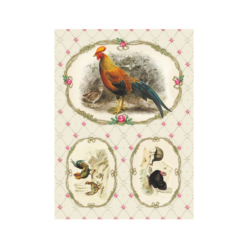 Набор декупажных карт Винтажные петухи и фазаны в медальонах, 5 листов, формат А4