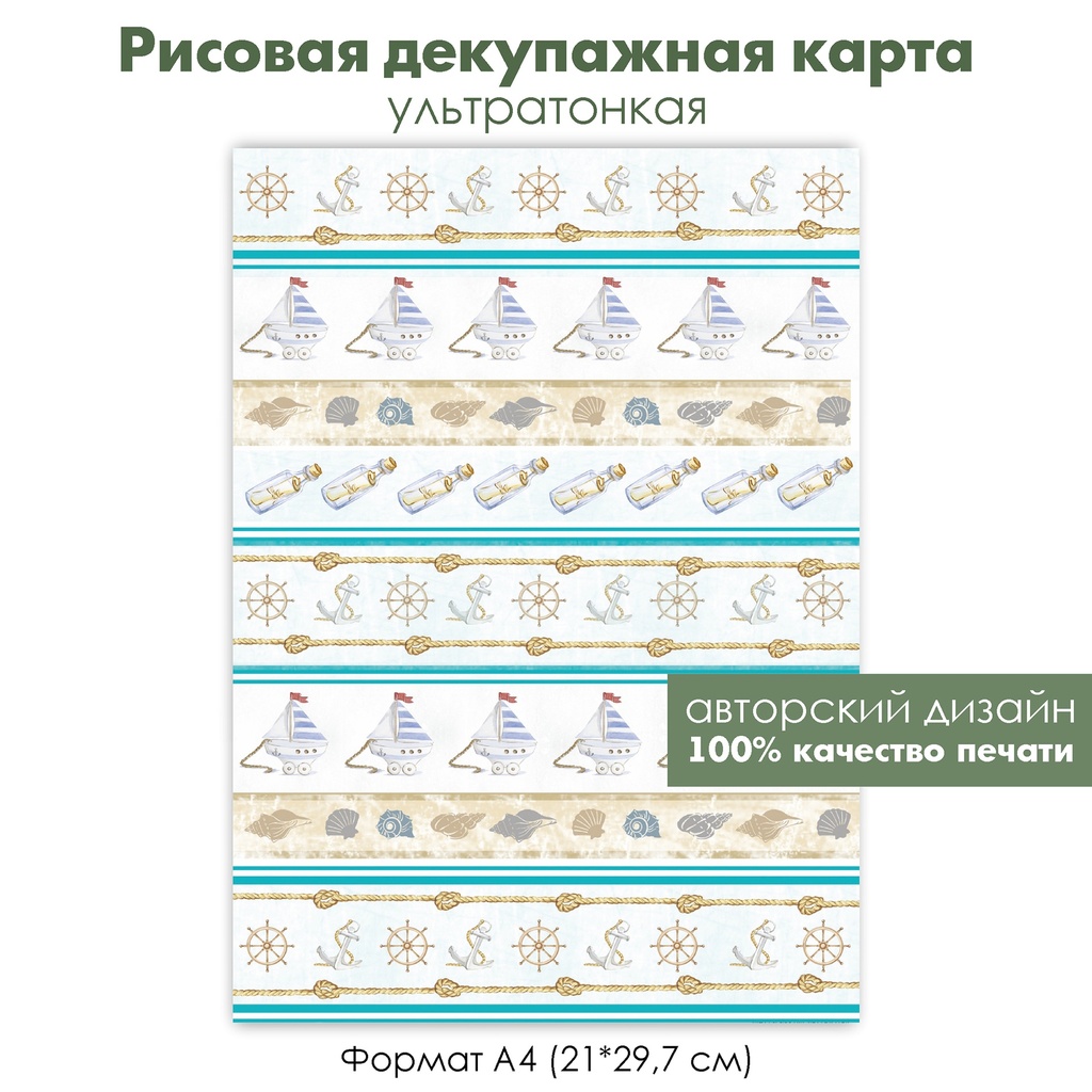 Декупажная рисовая карта Морской фон, парусник, ракушки, штурвал, якорь, морской узел, формат А4