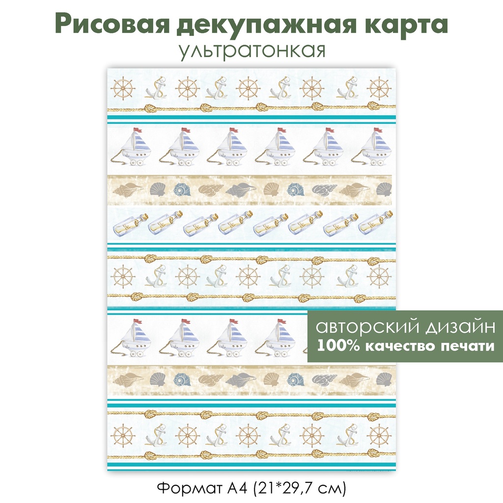 Декупажная рисовая карта Морской фон, парусник, ракушки, штурвал, якорь, морской узел, формат А4