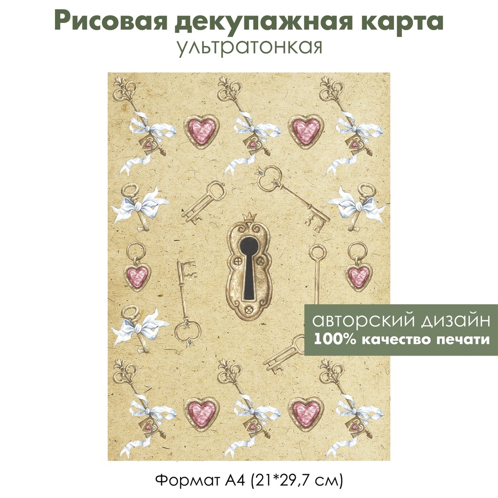 Декупажная рисовая карта Замочная скважина, винтажные ключи, бежевый фон, формат А4