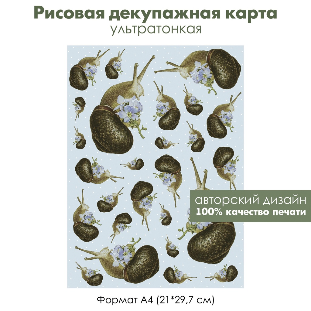 Декупажная рисовая карта Улитки с незабудками, фон винтажный горошек, формат А4