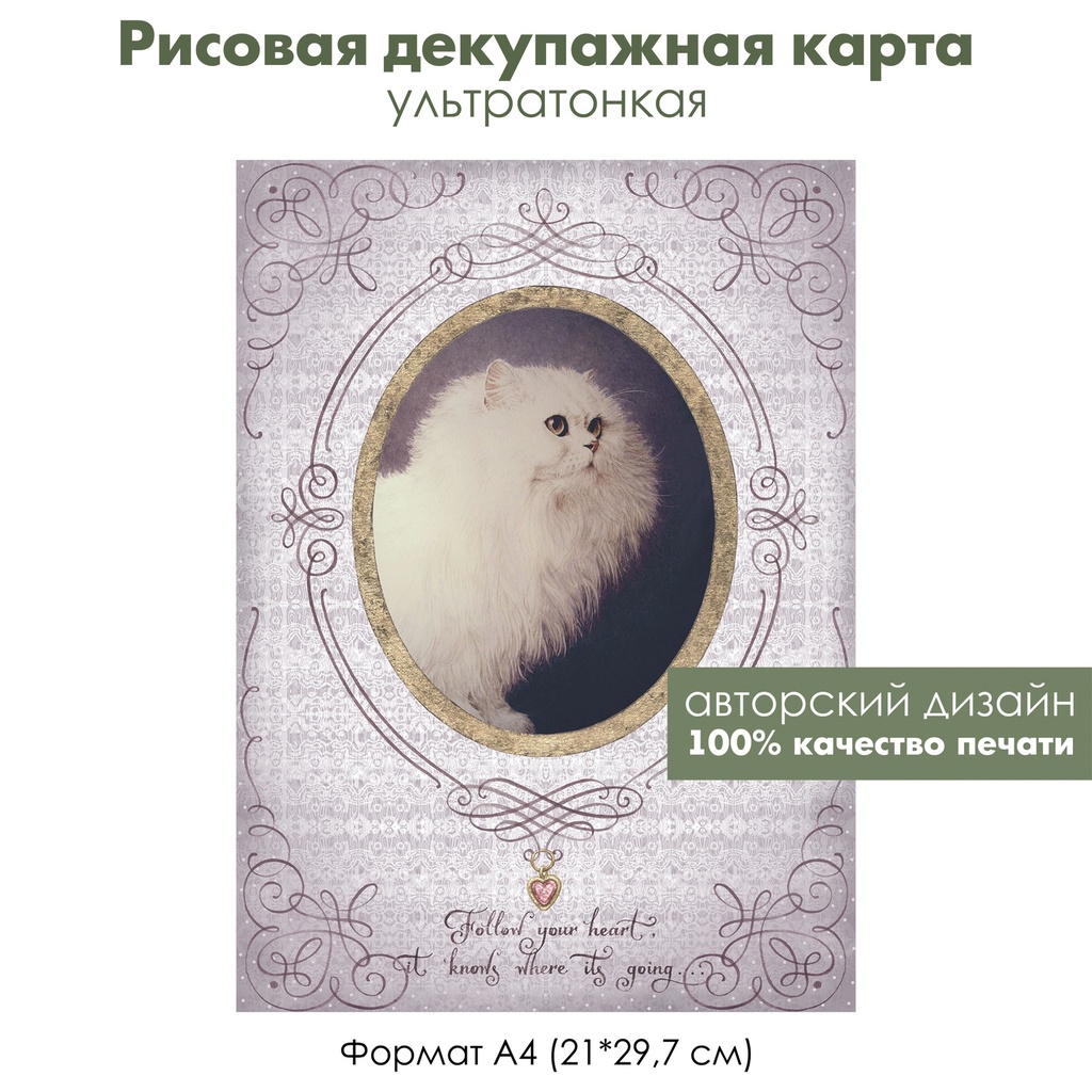 Декупажная рисовая карта Портрет белого кота, виньетки, Follow your heart, формат А4