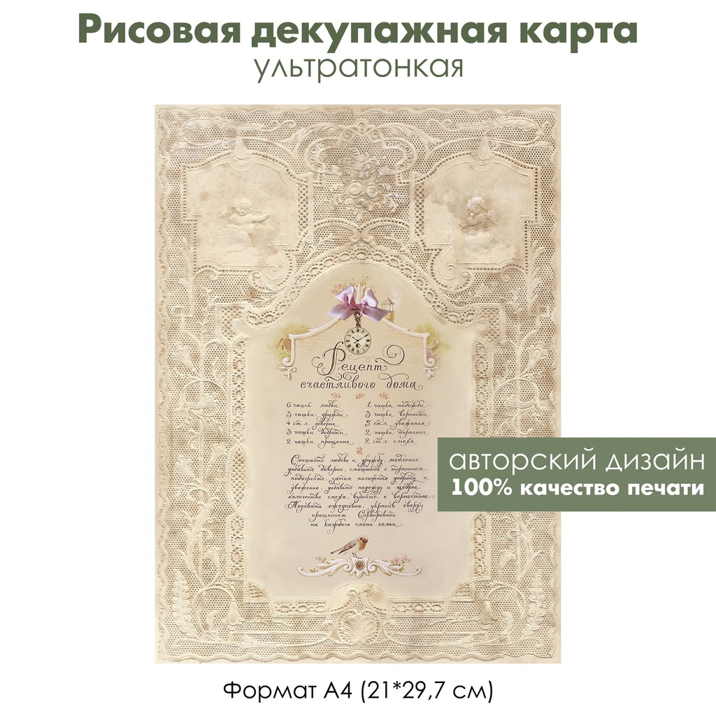 Декупажная рисовая карта Рецепт счастливого дома на винтажном фоне, кружево и ангелы, формат А4
