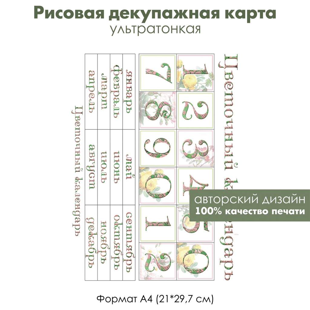 Декупажная рисовая карта Вечный календарь, цифры, месяцы и дни недели, формат А4