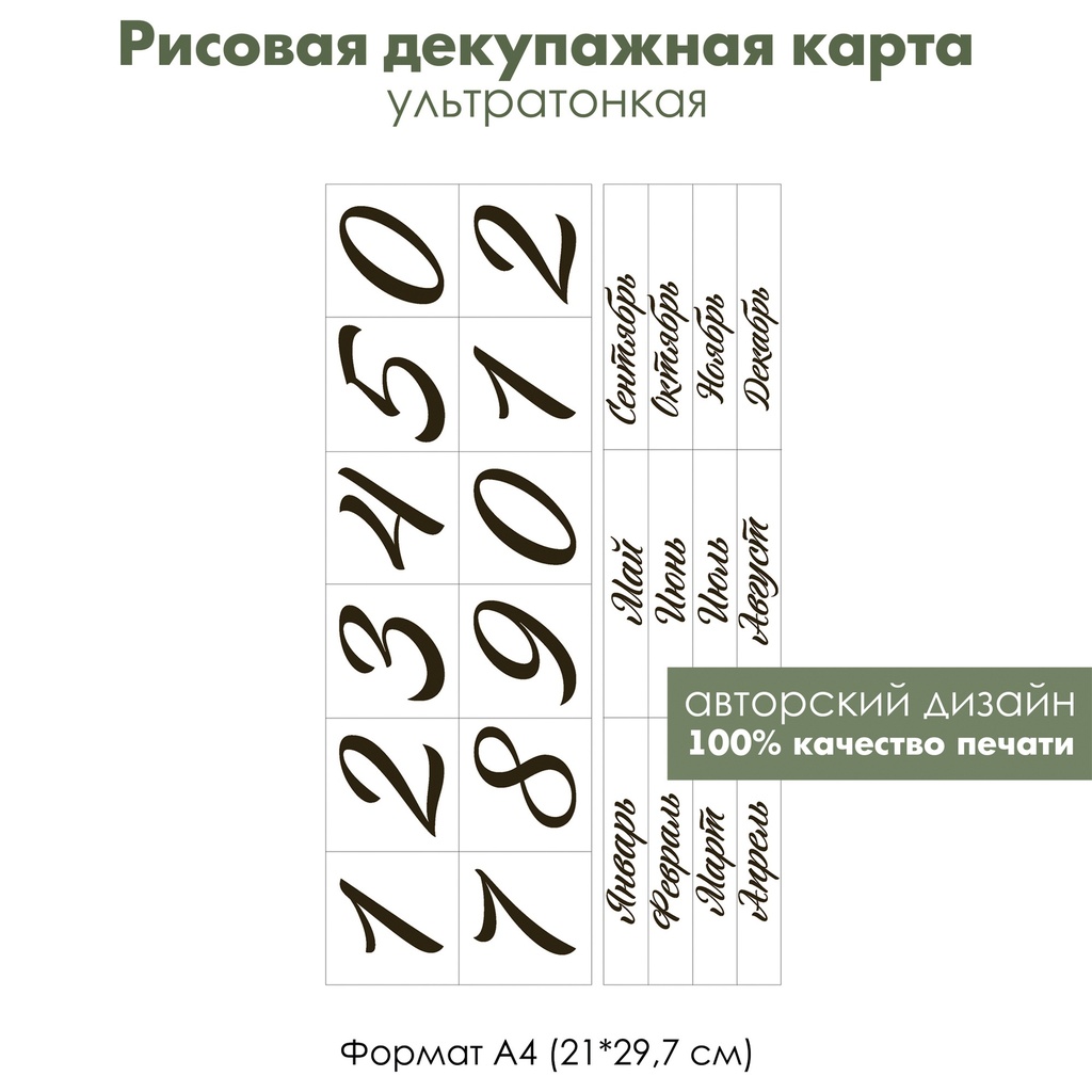 Декупажная рисовая карта Вечный календарь: цифры, месяцы и дни недели, формат А4