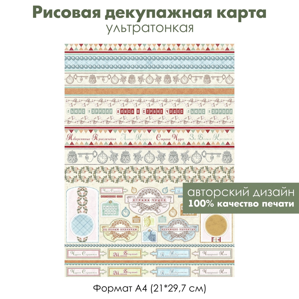 Декупажная рисовая карта Чудеса случаются: цитаты из Алисы, формат А4