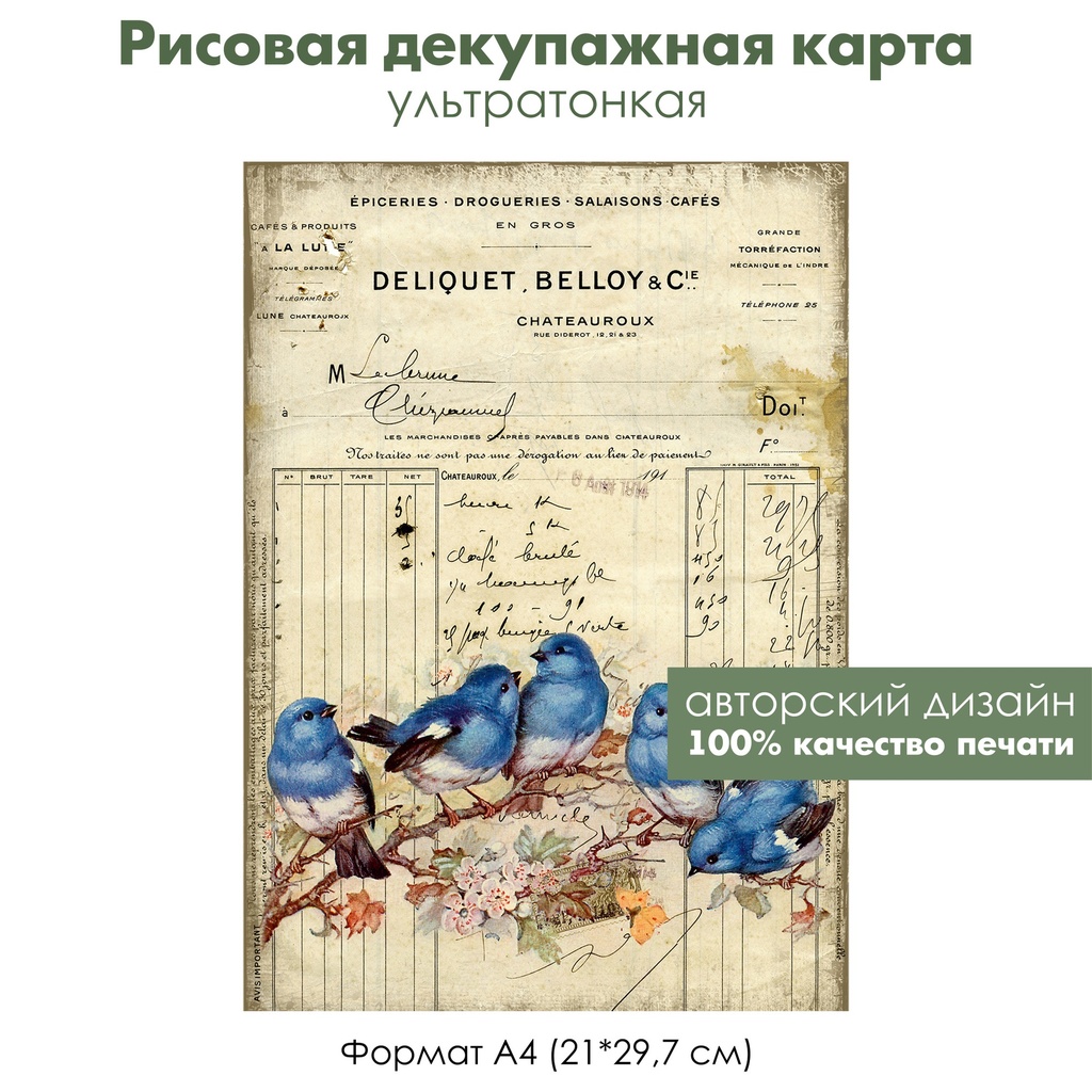 Декупажная рисовая карта Винтажные картинки с птицами, архивный бланк, формат А4