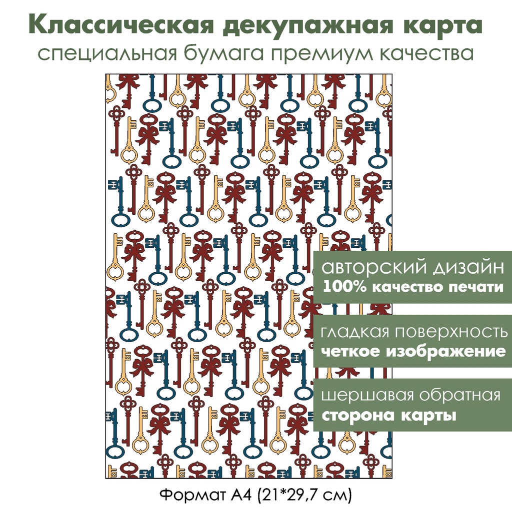 Классическая декупажная карта на бумаге премиум класса Щелкунчик, винтажные ключи, формат А4