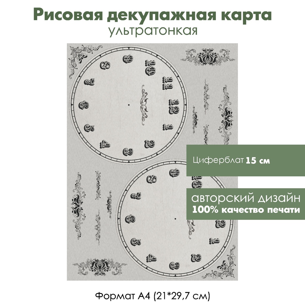 Декупажная рисовая карта Винтажные циферблаты на сером фоне, формат А4