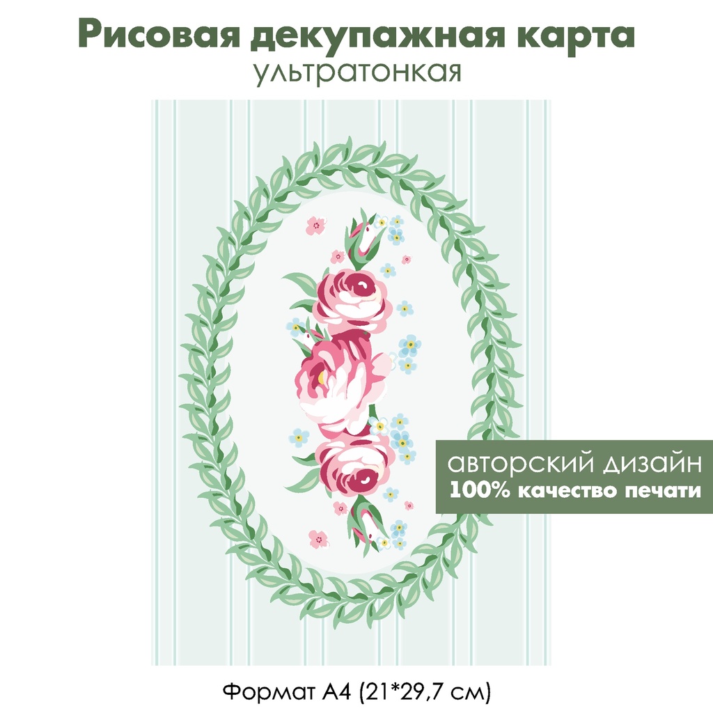 Декупажная рисовая карта Винтажные розы в венке из листьев, фон полоски, формат А4