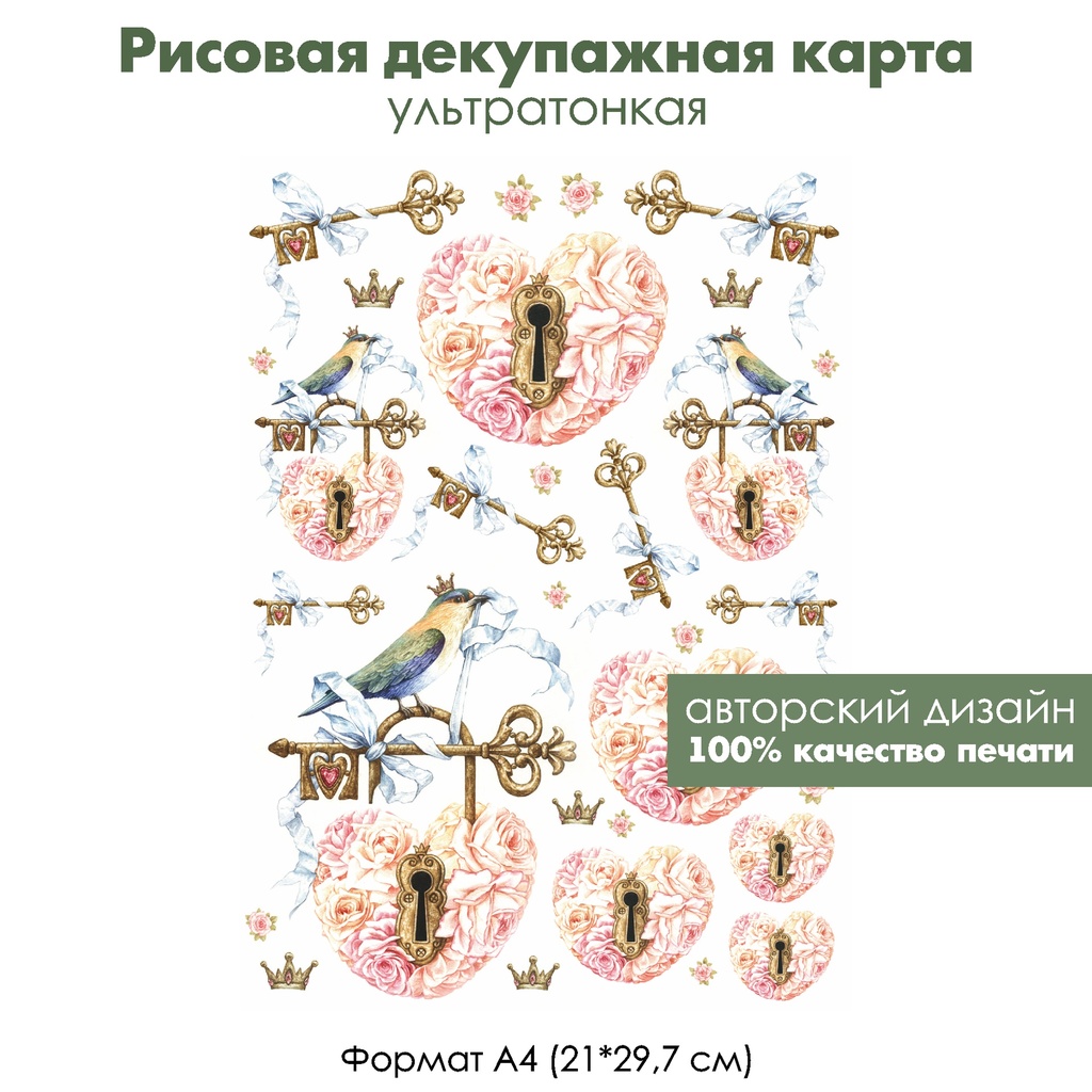 Декупажная рисовая карта Винтажные ключи, сердца из роз и птички, формат А4