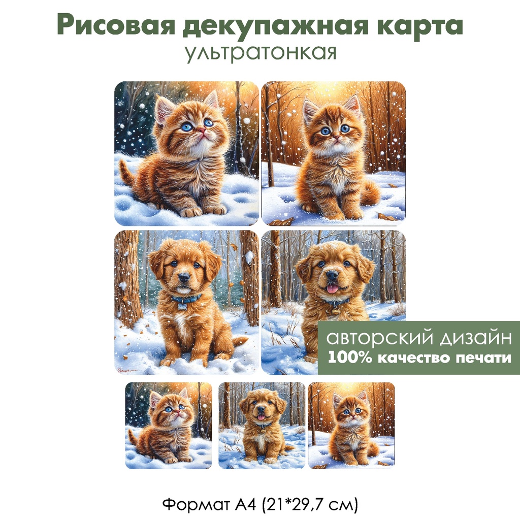 Декупажная рисовая карта Котенок, щенок и снег, формат А4