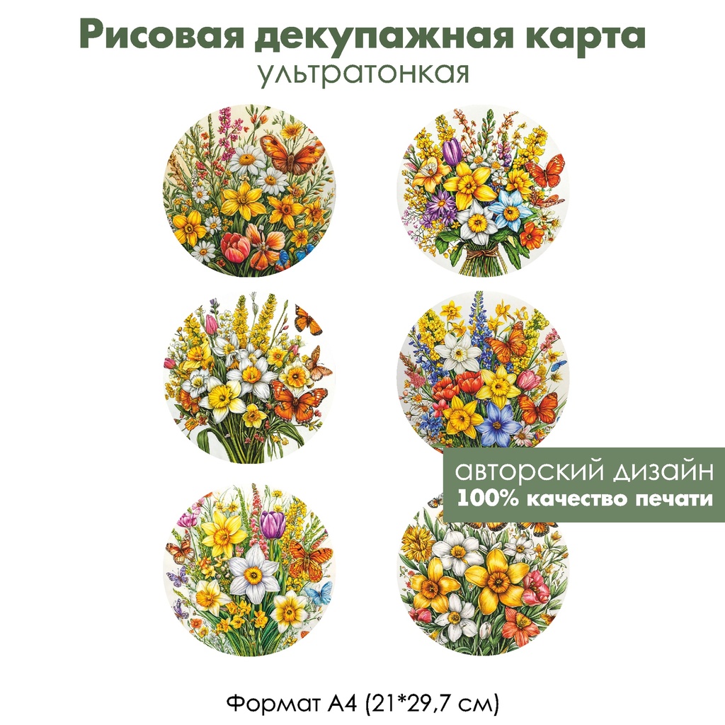 Декупажная рисовая карта Нарциссы и бабочки, формат А4