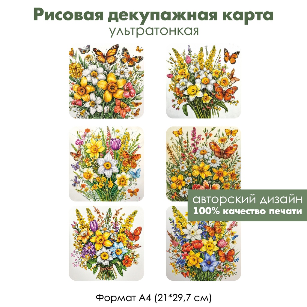 Декупажная рисовая карта Нарциссы и бабочки, формат А4