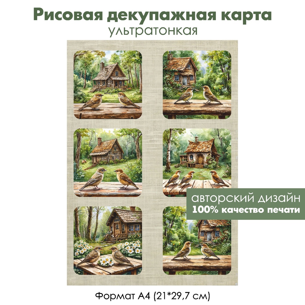 Декупажная рисовая карта Лесные птицы, формат А4