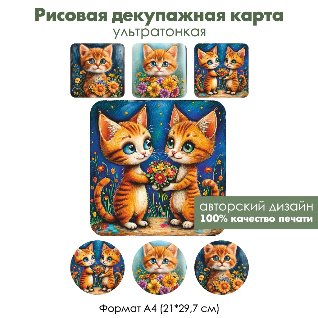 Декупажная рисовая карта Коты с цветами, формат А4