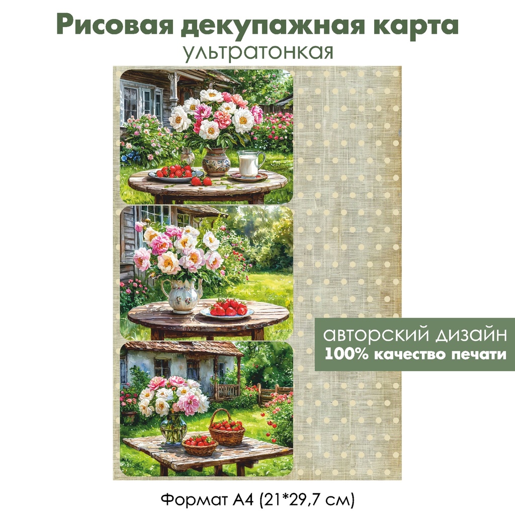 Декупажная рисовая карта Клубника и пионы, формат А4