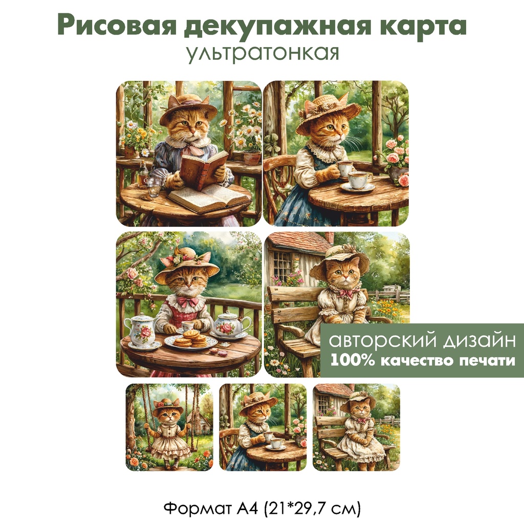 Декупажная рисовая карта Винтажная кошка, формат А4