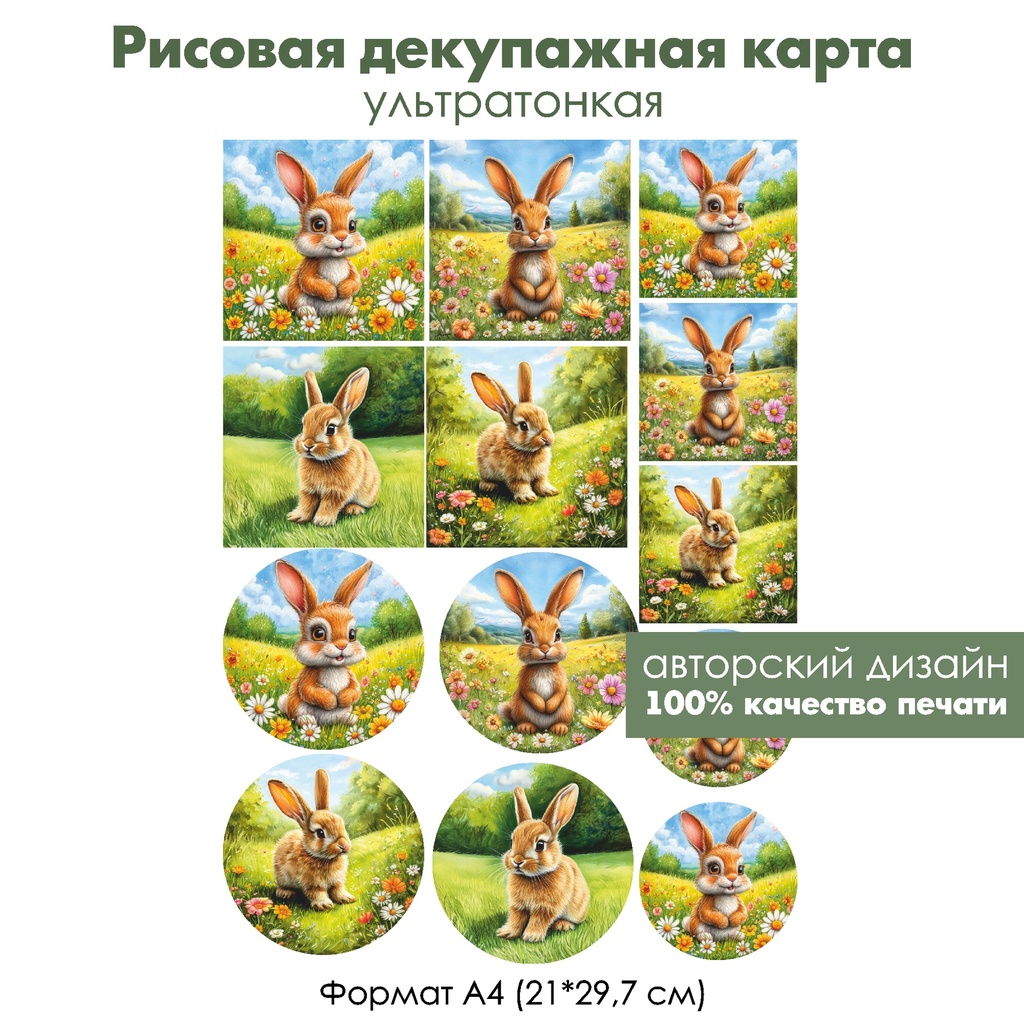 Декупажная рисовая карта Зайка на лужайке, формат А4