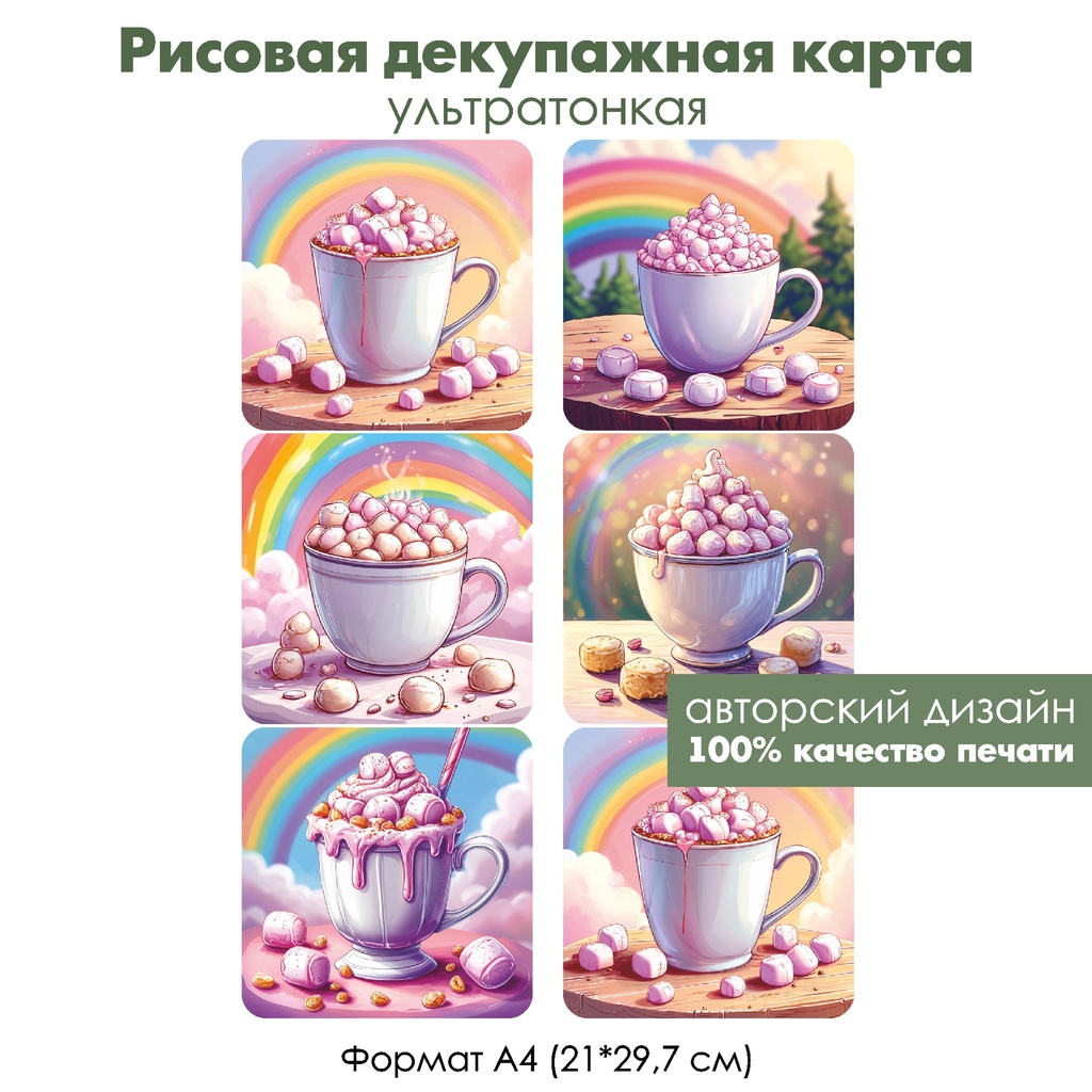 Декупажная рисовая карта Какао с зефирками, формат А4