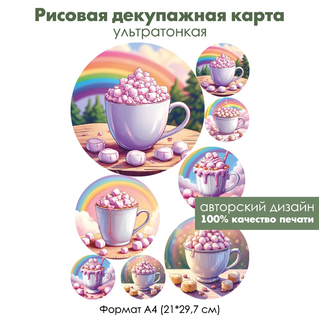 Декупажная рисовая карта Какао с зефирками, формат А4