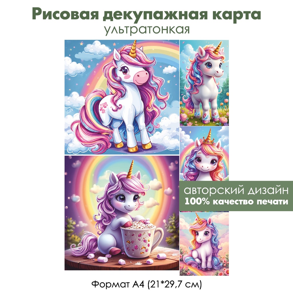 Декупажная рисовая карта Единорожки, формат А4