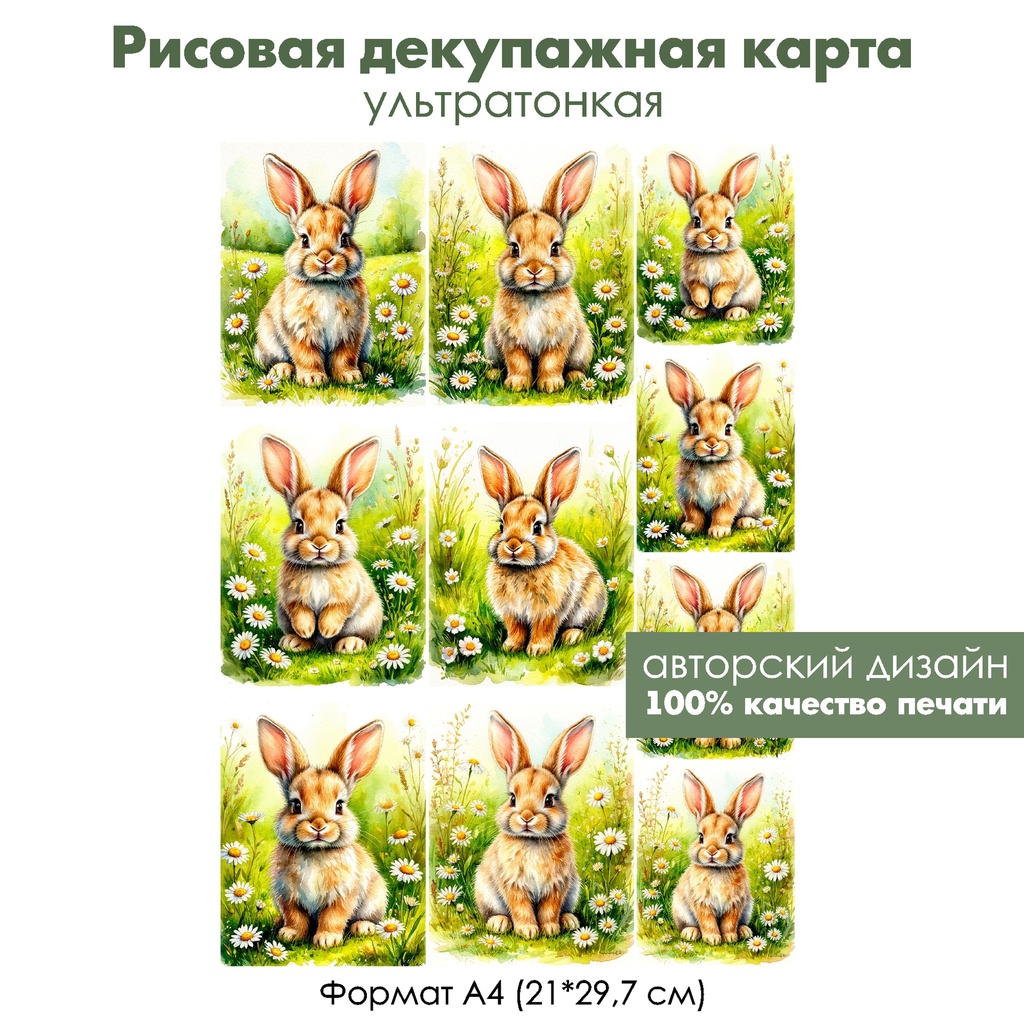 Декупажная рисовая карта Зайка на полянке, формат А4