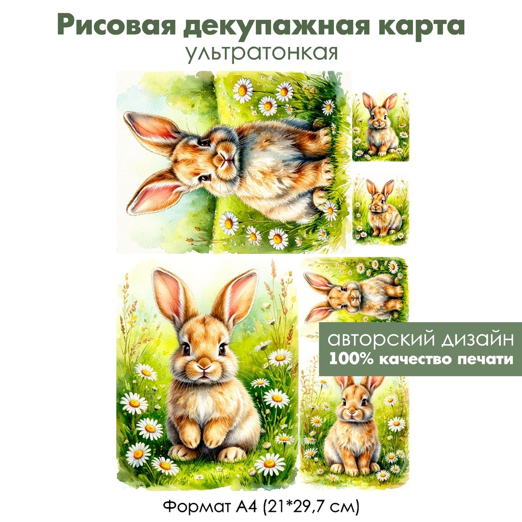 Декупажная рисовая карта Зайка на полянке, формат А4