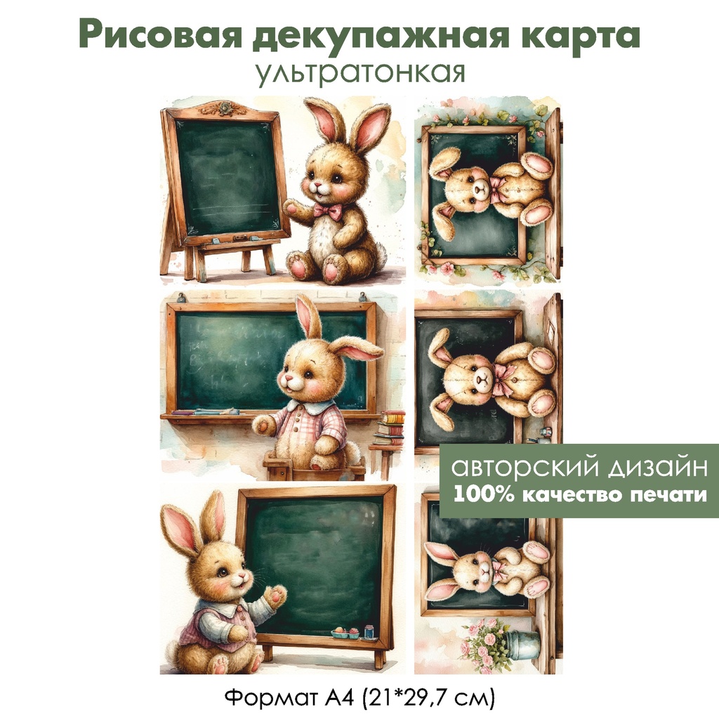 Декупажная рисовая карта Винтажный зайка ученик, формат А4