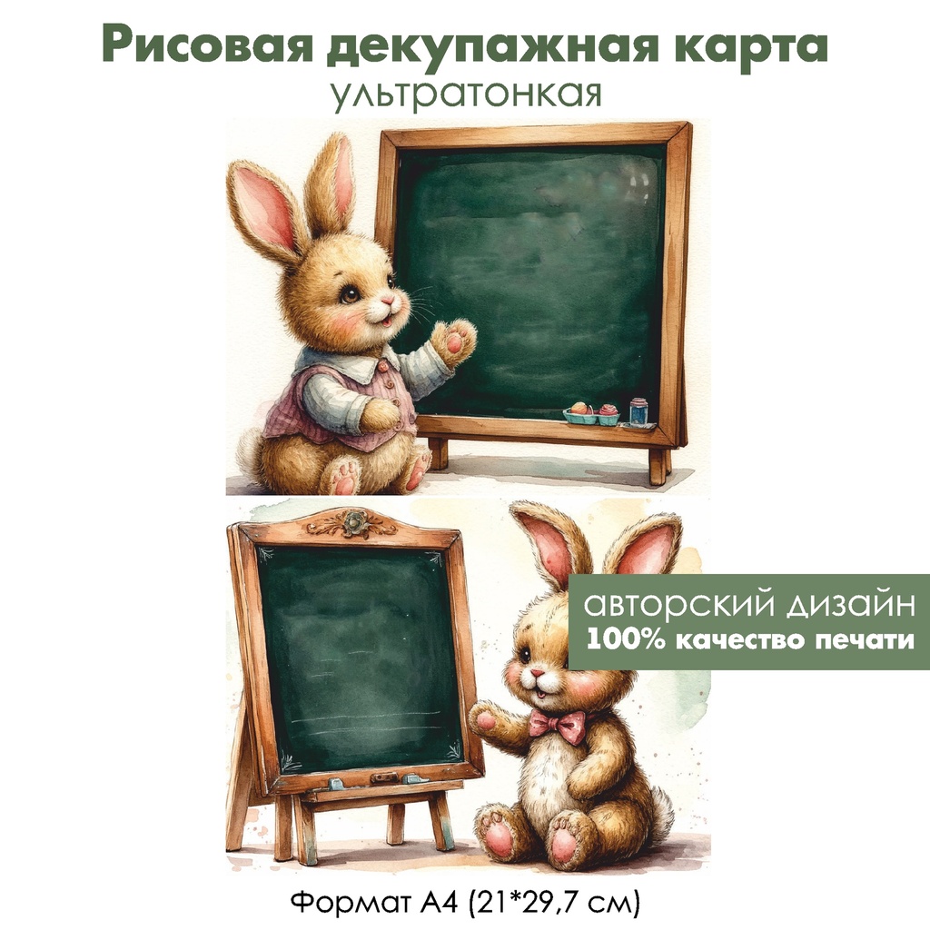 Декупажная рисовая карта Винтажный зайка ученик, формат А4